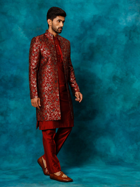 Vastramay Men's Red Jacquard Indo Western With Maroon Viscose Kurta Pant Set